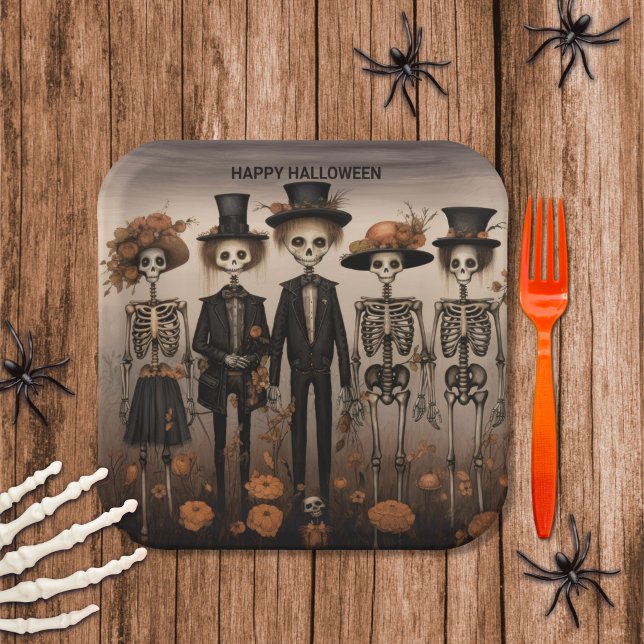 Creepy Skeleton Family Happy Halloween Pappteller (Von Creator hochgeladen)