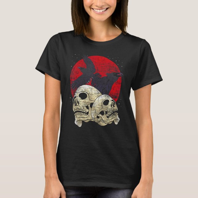 Creepy Skeleton Head Spooky Skull Raven Gothic Ani T-Shirt (Vorderseite)