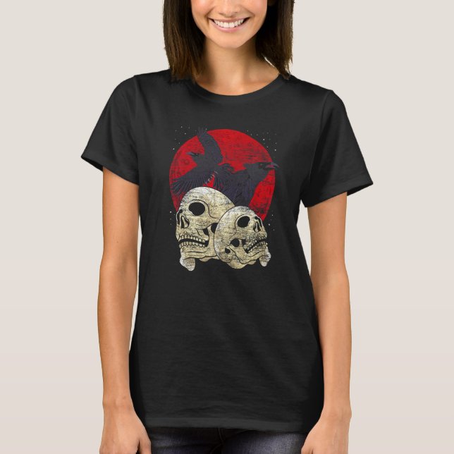 Creepy Skeleton Head Spooky Skull Raven Gothic Ani T-Shirt (Vorderseite)