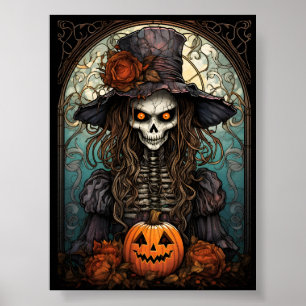 Creepy Skeleton Hexenmeister und Orange Pumpkin Poster