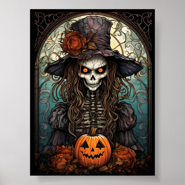 Creepy Skeleton Hexenmeister und Orange Pumpkin Poster (Vorne)