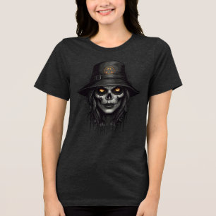 Creepy Skull Witch with Glowing Eyes Art Tri-Blend Shirt