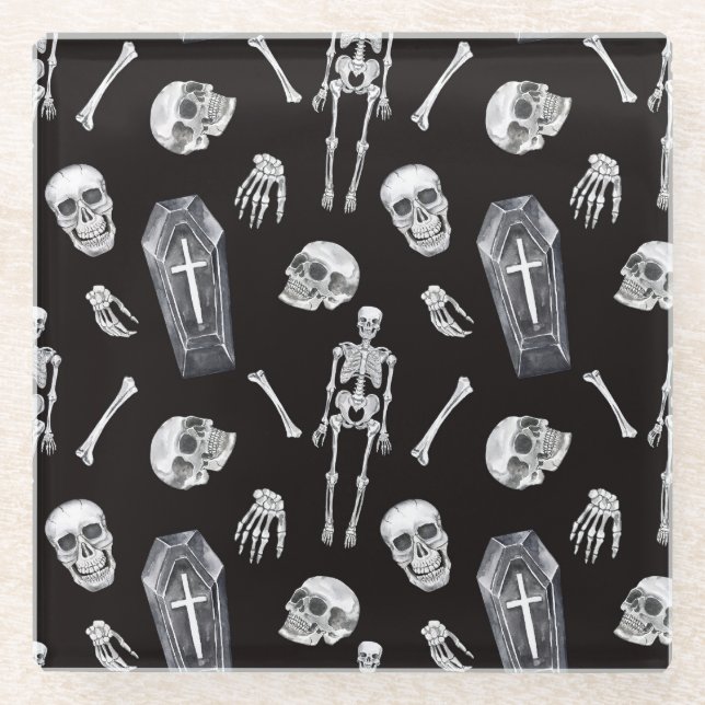 Creepy Skulls: Halloween-Wasserfarbenmuster Glasuntersetzer (Vorderseite)