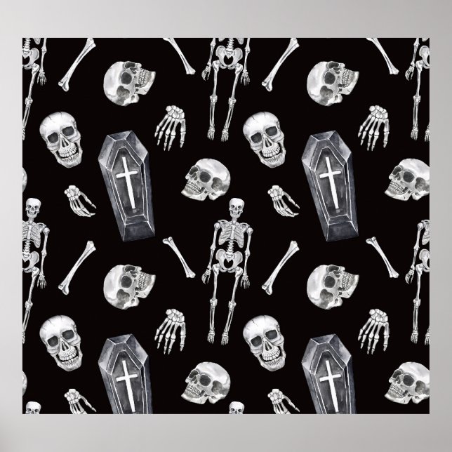 Creepy Skulls: Halloween-Wasserfarbenmuster Poster (Vorne)