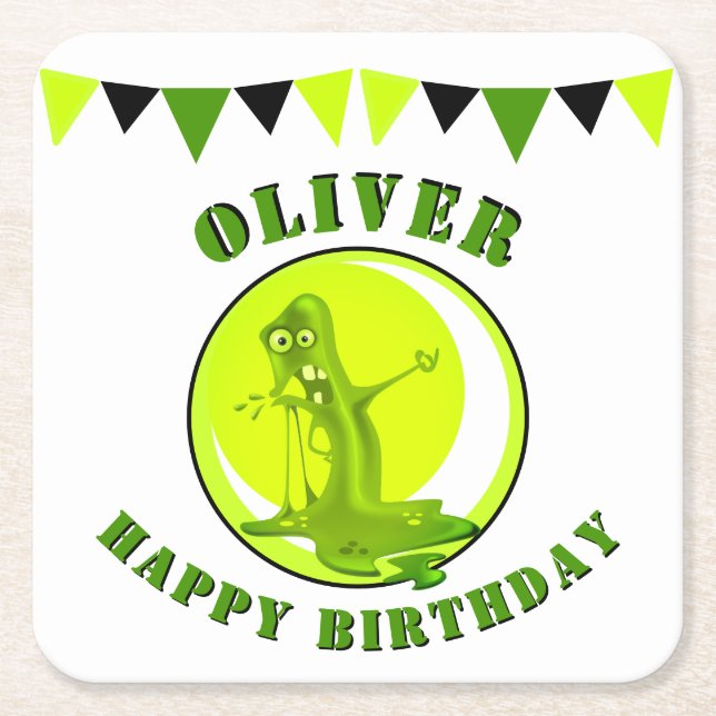 Creepy Slime Monster Kid's Name Happy Birthday Rechteckiger Pappuntersetzer (Vorderseite)
