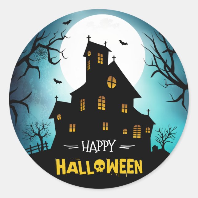 Creepy Spuk House Blue Sky Moon Happy Halloween Runder Aufkleber (Vorderseite)