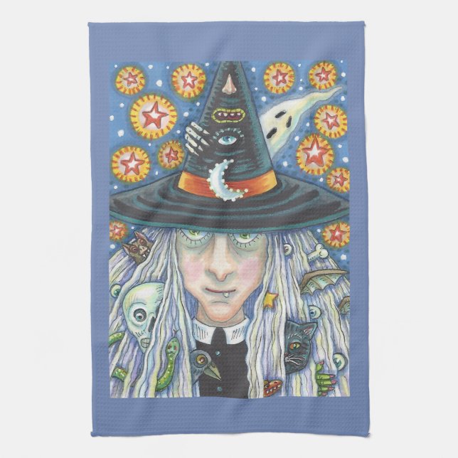 CREEPY WITCH EVIL EYE HALLOWEEN GOTH KITCHEN TOWEL GESCHIRRTUCH (Vertikal)