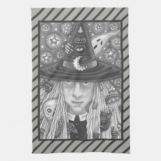 CREEPY WITCH EVIL EYE HALLOWEEN GOTH KITCHEN TOWEL GESCHIRRTUCH (Vertikal)