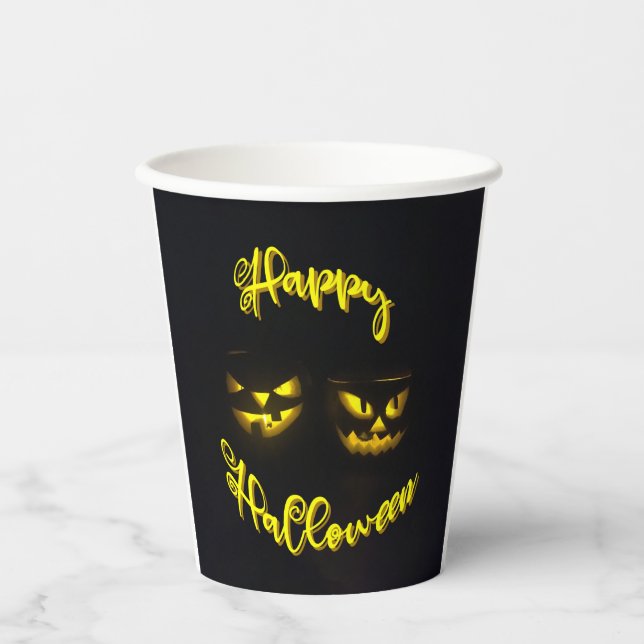 Creepy Yellow Happy Halloween mit Kürbisgesicht Pappbecher (Vorderseite)