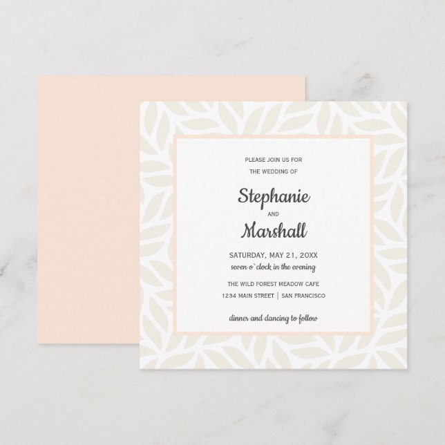 Creme abstrakte Blätter schicke moderne Hochzeit Einladung (Vorne/Hinten)