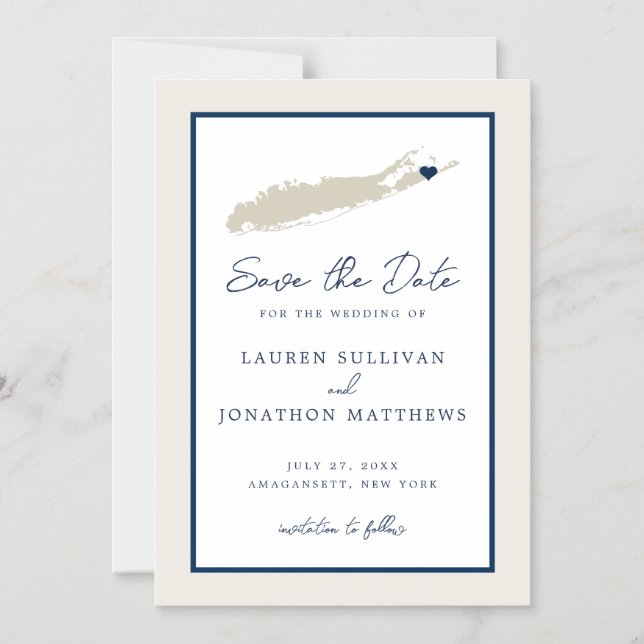 Creme and Navy Long Island NY Karte Save the Date  (Vorderseite)