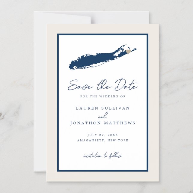 Creme and Navy Long Island NY Karte Save the Date (Vorderseite)