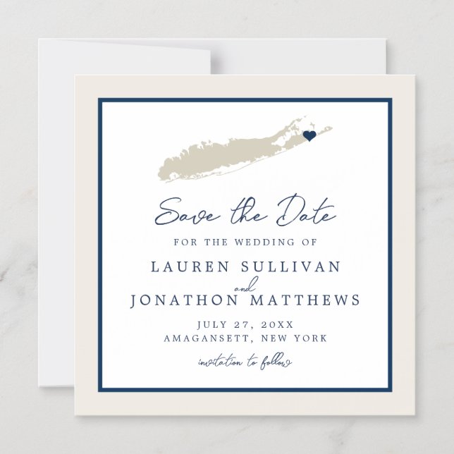 Creme and Navy Long Island NY Karte Save the Date (Vorderseite)