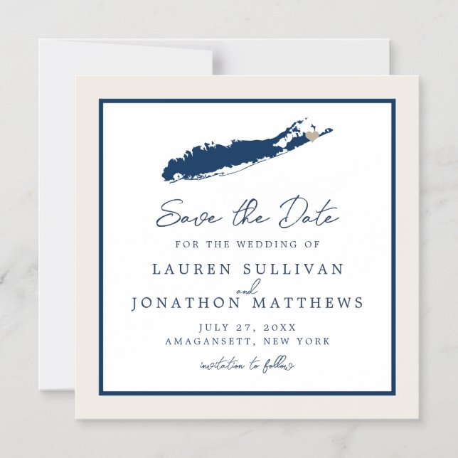 Creme and Navy Long Island NY Karte Save the Date  (Vorderseite)