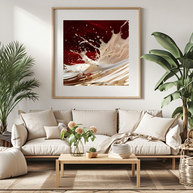 Creme and Red Splash Fluid Art Poster (Add a bold statement to your home with this stunning red and beige abstract artwork.)