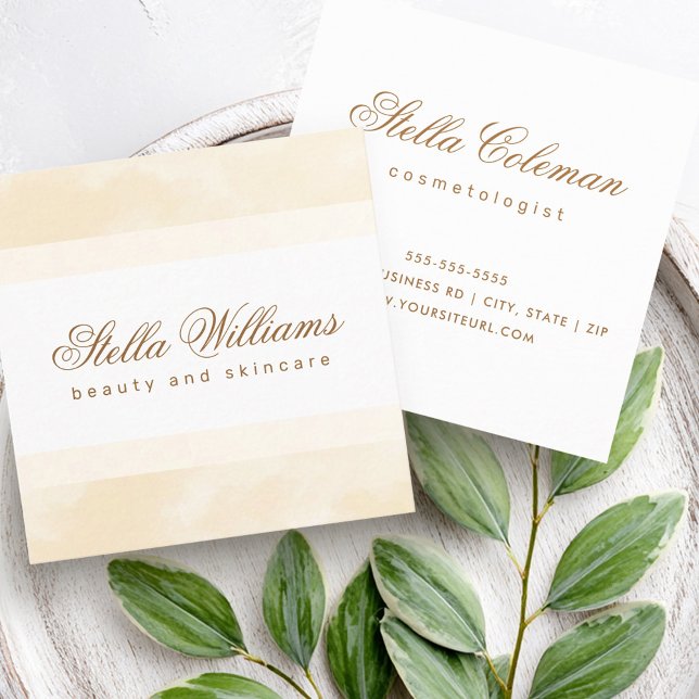 Creme Aquarell Trendfarben Wellness-Center Boutiqu Quadratische Visitenkarte (Cream watercolor trendy spa boutique calligraphy square business card)