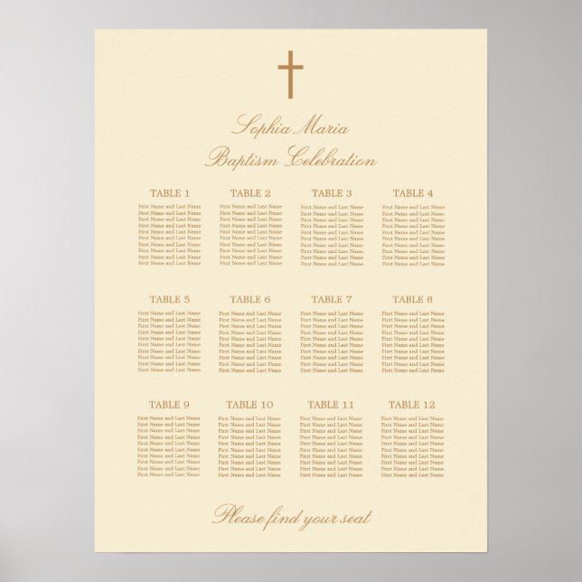 Creme Beige 12 Taufen Seating Chart Poster (Vorne)