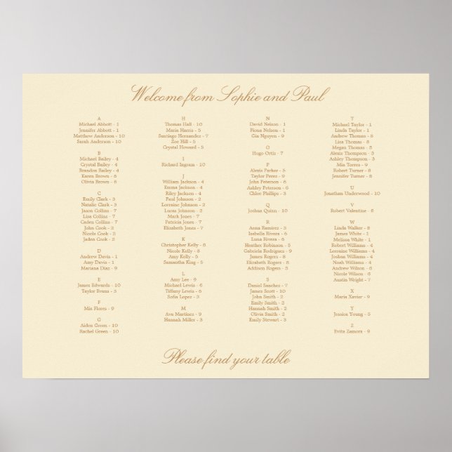 Creme Beige Alphabetische Sitzkarte Poster (Vorne)