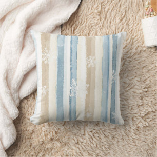 Creme Beige Blaue Weihnachts-Schneeflocken Streife Kissen