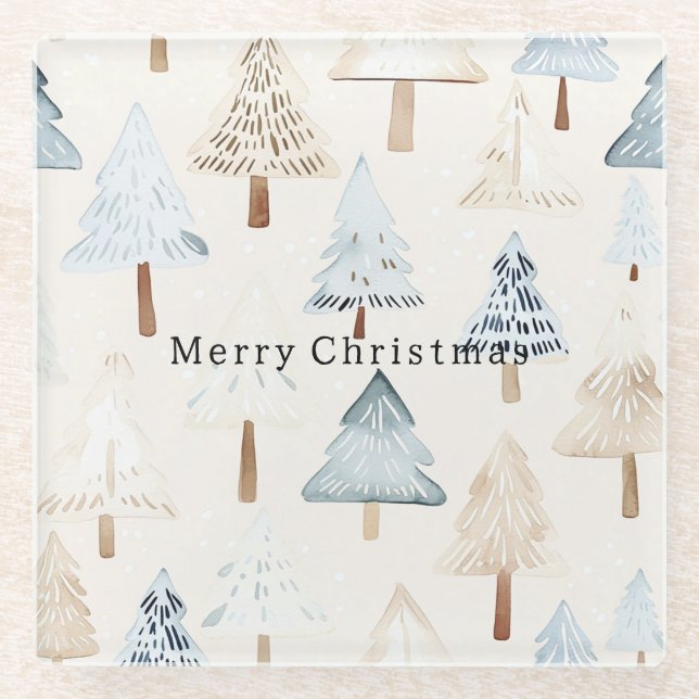 Creme Beige Blaue Weihnachtsbäume Glasuntersetzer (Vorderseite)