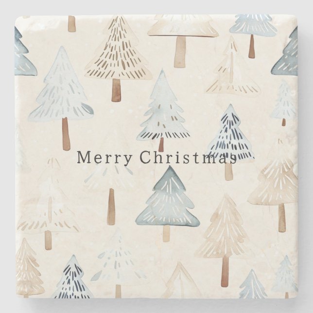 Creme Beige Blaue Weihnachtsbäume Steinuntersetzer (Vorderseite)