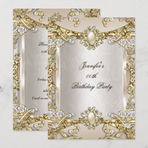 Creme Beige Gold Pearl Damask Geburtstagsparty 2 Einladung