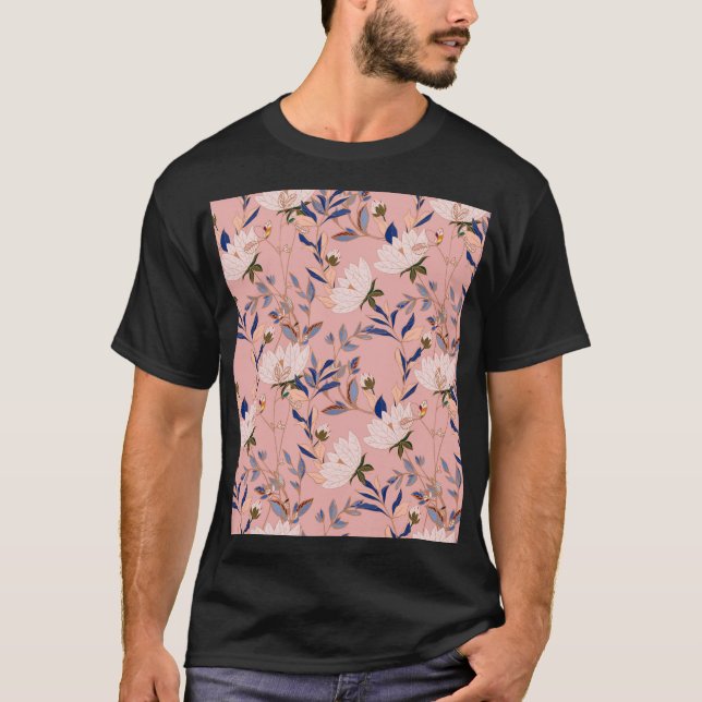 Creme Beige Lilies: Rosa Nahtloser Hintergrund T-Shirt (Vorderseite)