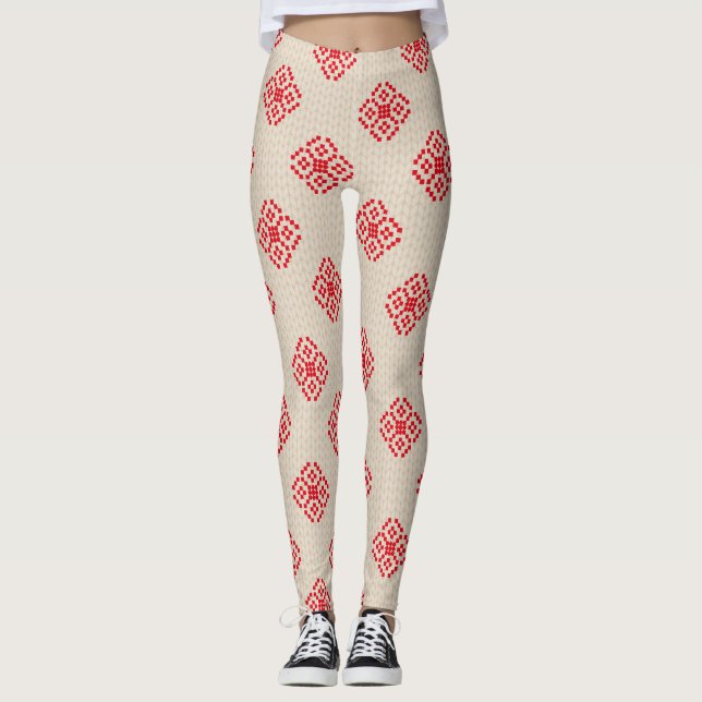 Creme Beige Red Snowflake Weihnachts-Leggings Leggings (Vorderseite)