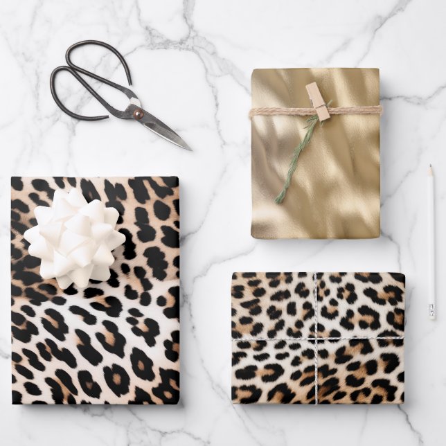 Creme Black Leopard & Gold Geschenkpapier Set (Vorderseite)