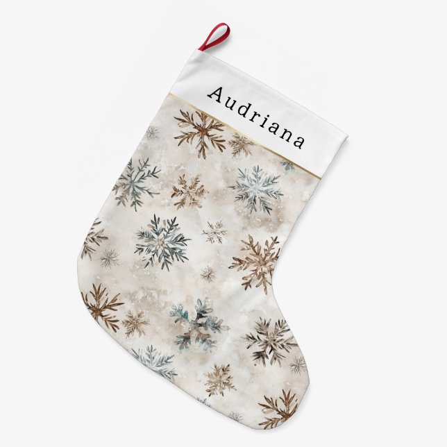 Creme Blaue Braune Schneeflocken   Großer Weihnachtsstrumpf (Vorderansicht (hängend))