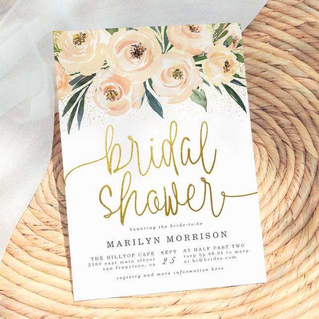 Creme & Blue Blumen Gold Script-Brautparty Einladung (Von Creator hochgeladen)