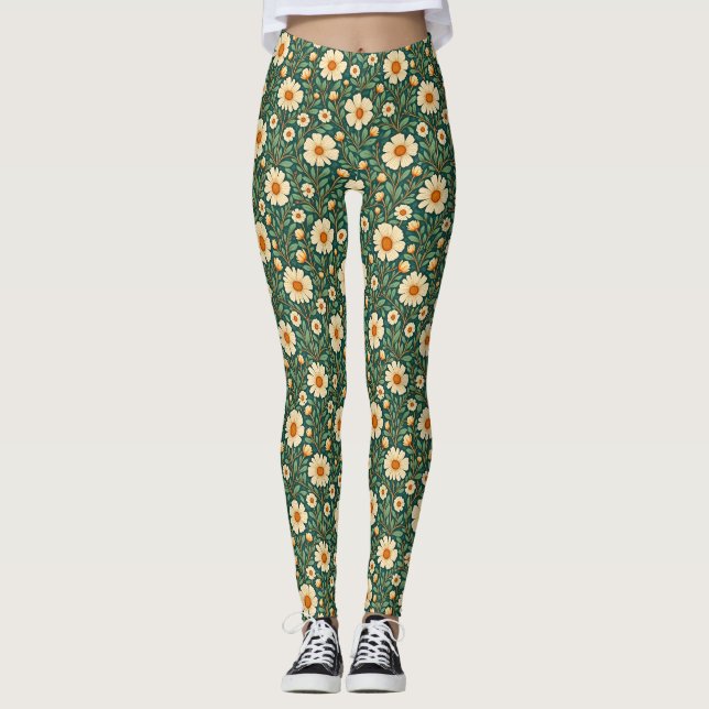 Creme-Blume auf grün Leggings (Vorderseite)