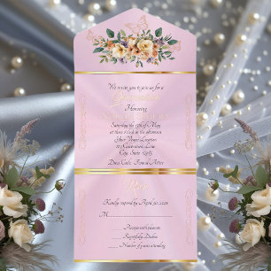 Creme Blumen auf Pastell Quinceanera - Rosa All-in-One-Einladung