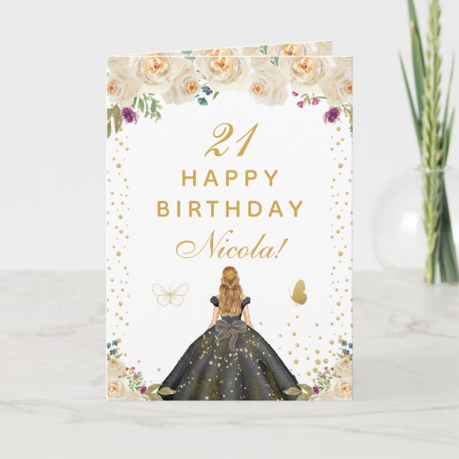 Creme Blumen Blondes Haar Mädchen Geburtstag Karte (Vorderseite)
