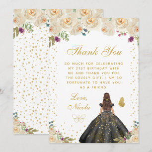 Creme Blumen Braunhaar Haar Prinzessin Geburtstags Dankeskarte