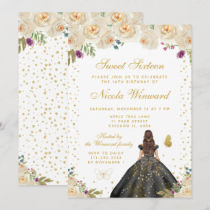 Creme Blumen Braunhaarige Haarprinzessin Sweet Six Einladung