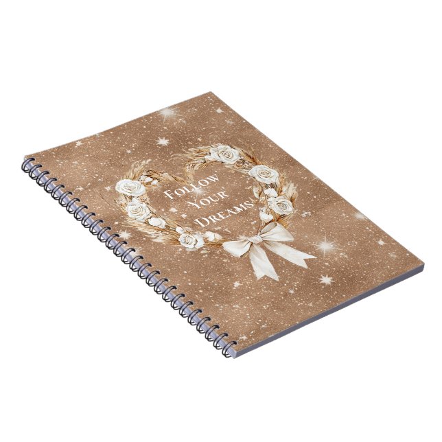 Creme-Blumen-Herzkranz brauner Glitter Notizblock (Rechte Seite)