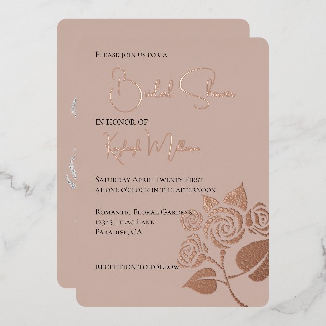 Creme Blush Diamonds Rose Brautparty Folieneinladung (Vorderseite/Rückseite)