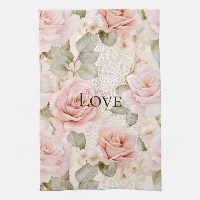 Creme Blush Pink Roses Floral Geschirrtuch (Vertikal)