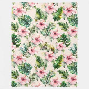 Creme Blush Pink Tropische Blätter Hibiskus Blume Fleecedecke