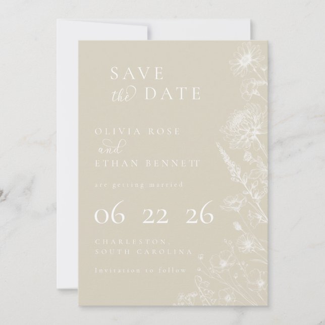 Creme Botanisch Minimale Hochzeit "Save the Date" (Vorderseite)