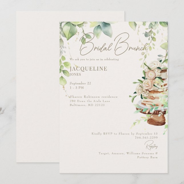 Creme Botanischer Kuchen Bridal Brunch Einladung (Vorne/Hinten)