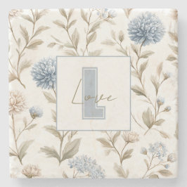 Creme Braun Blaue Blumen Monogramm Anfangsbuchstab Steinuntersetzer