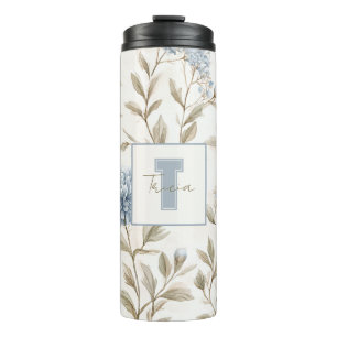 Creme Braun Blaue Blumen Monogramm Anfangsbuchstab Thermosbecher