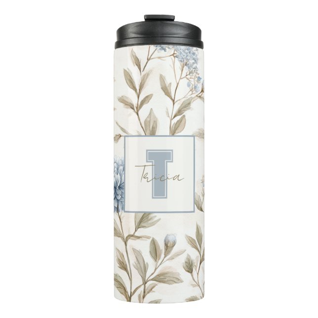 Creme Braun Blaue Blumen Monogramm Anfangsbuchstab Thermosbecher (Vorderseite)