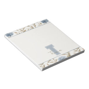 Creme Braun Blaue Blumen Monogramm Anfangsname Notizblock