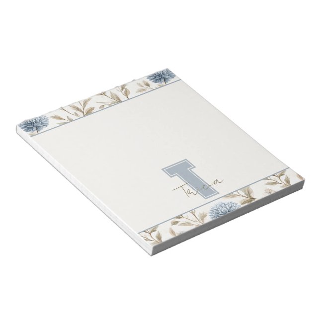 Creme Braun Blaue Blumen Monogramm Anfangsname Notizblock (angewinkelt)