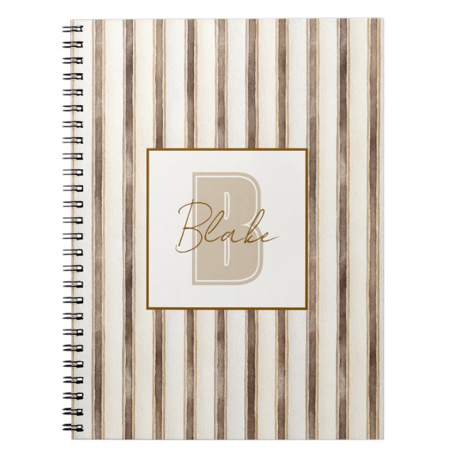 Creme Braune Streifen Monogramm Anfangsbuchstabe N Notizblock (Vorderseite)