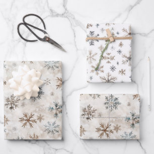 Creme-Bronze-Blau-Schneeflocken-Weihnachten Geschenkpapier Set