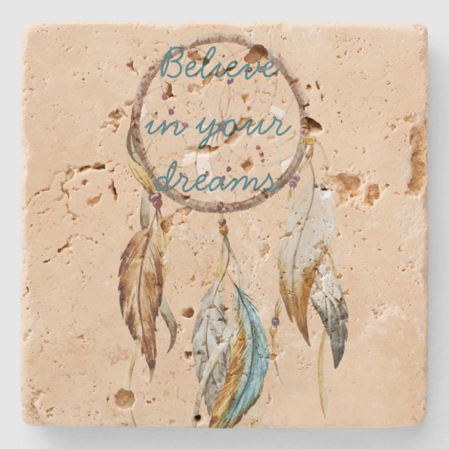 Creme Brown Türkis White Feathers Dream Catcher Steinuntersetzer (Vorderseite)